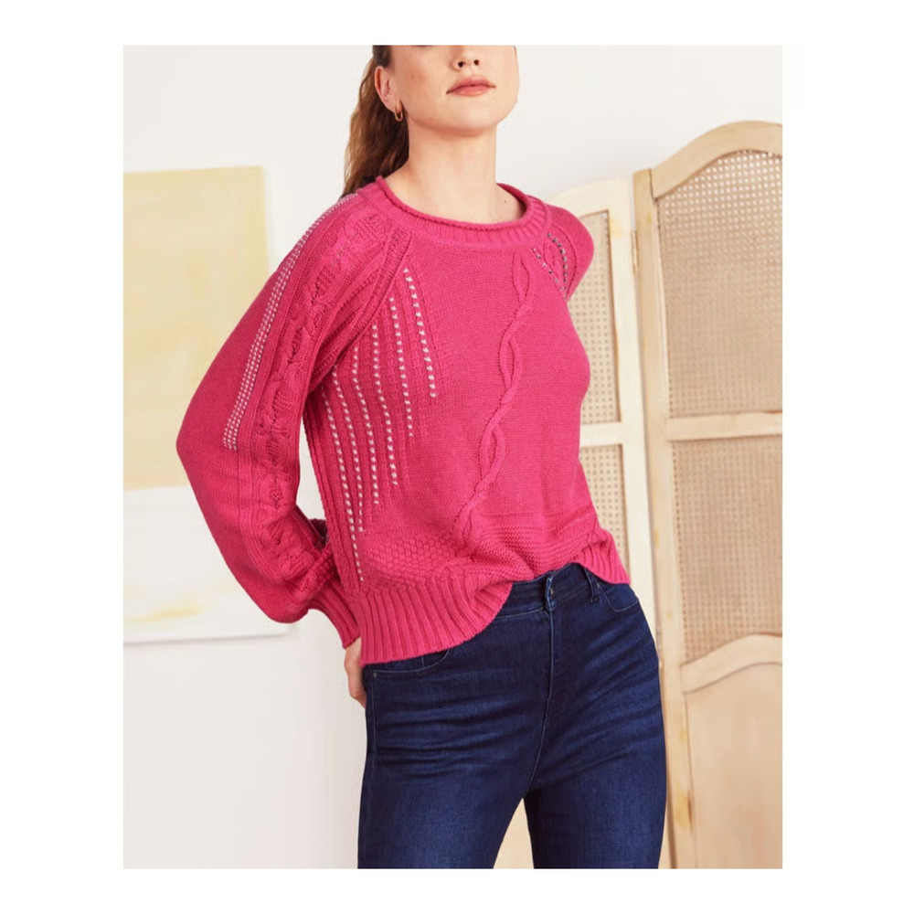 NIC+ZOE Sweater Womens Small Pink Mindfully Made Mixed Knit Crafted Cables Crew